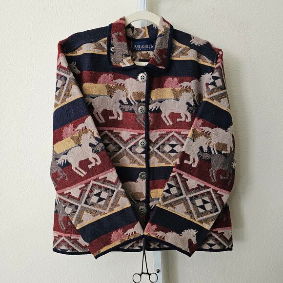 VTG NWT JANE ASHLEY Western Horse Aztec Tribal Tapestry Button Jacket Sz M - Picture 3 of 16